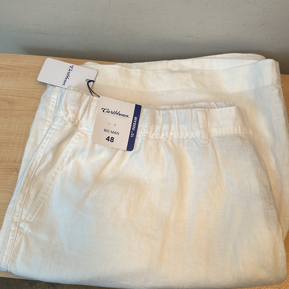 Caribbean White Linen 10" Zipper Elastic Drawstring Waist Shorts w/Belt Loops